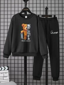 SHEIN Boys Bear And Slogan Graphic Sweatshirt & Joggers - Black - View 3