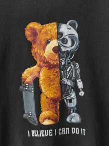 SHEIN Boys Bear And Slogan Graphic Sweatshirt & Joggers - Black - View 4