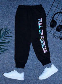 SHEIN Toddler Girls Reflective Letter Graphic Joggers - Black - View 1