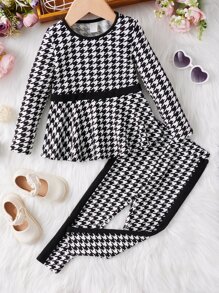 SHEIN Toddler Girls Houndstooth Print Peplum Top & Leggings - Black and White - View 1