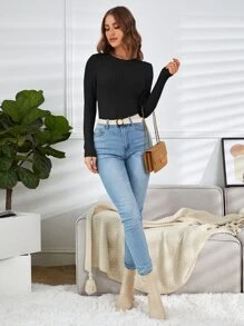 SHEIN Essnce Solid Ribbed Knit Tee - Black - View 4