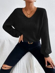 SHEIN Essnce V Neck Drop Shoulder Tee - Black - View 1