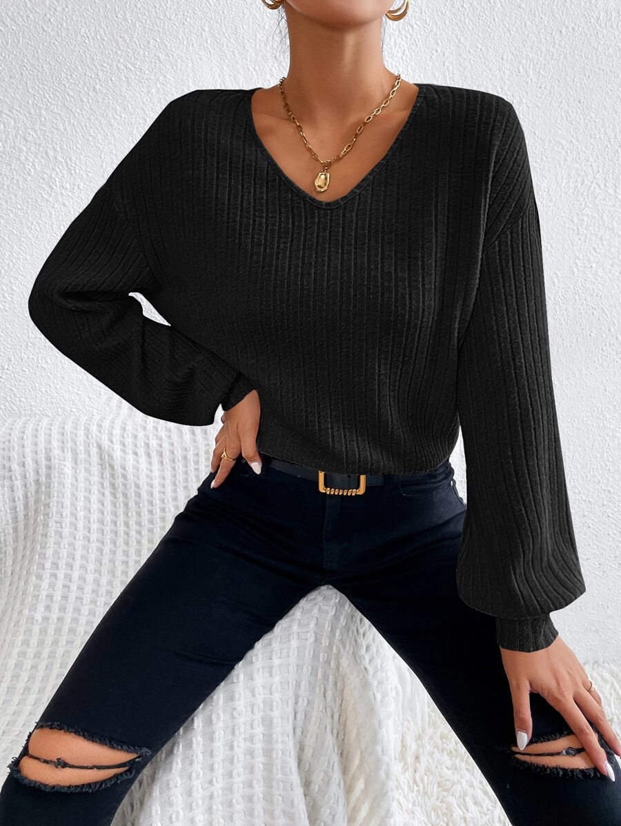 SHEIN Essnce V Neck Drop Shoulder Tee - Black - View 1