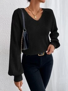 SHEIN Essnce V Neck Drop Shoulder Tee - Black - View 3