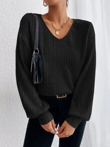 SHEIN Essnce V Neck Drop Shoulder Tee - Black - View 5