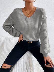 SHEIN Essnce V Neck Drop Shoulder Tee - Light Grey - View 1