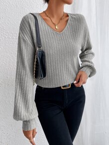 SHEIN Essnce V Neck Drop Shoulder Tee - Light Grey - View 3