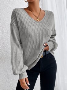 SHEIN Essnce V Neck Drop Shoulder Tee - Light Grey - View 4