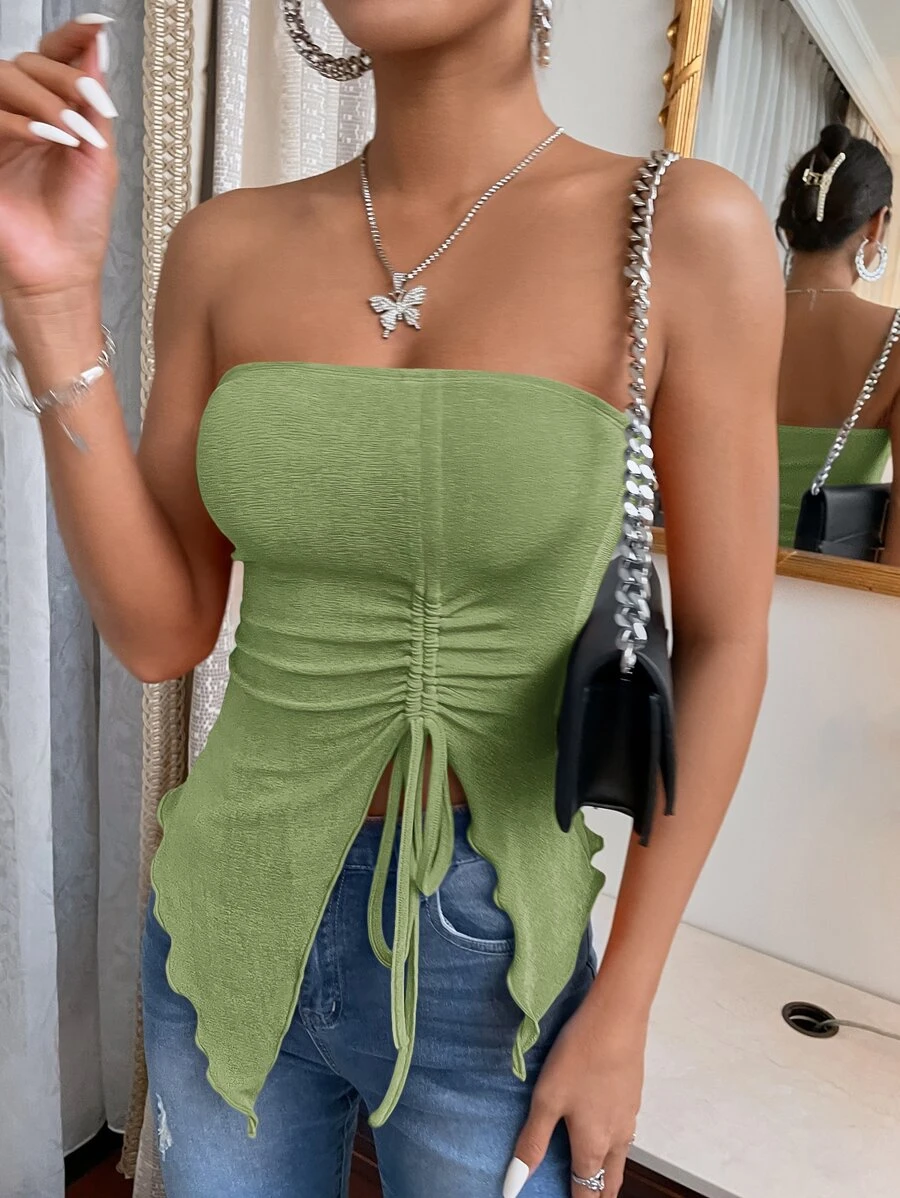 SHEIN Essnce 前抽繩開叉不對稱下擺抹胸上衣 - 青檸色 - 查看 1