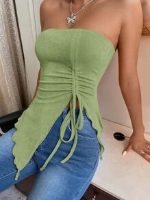 SHEIN Essnce 前抽繩開叉不對稱下擺抹胸上衣 - 青檸色 - 查看 6