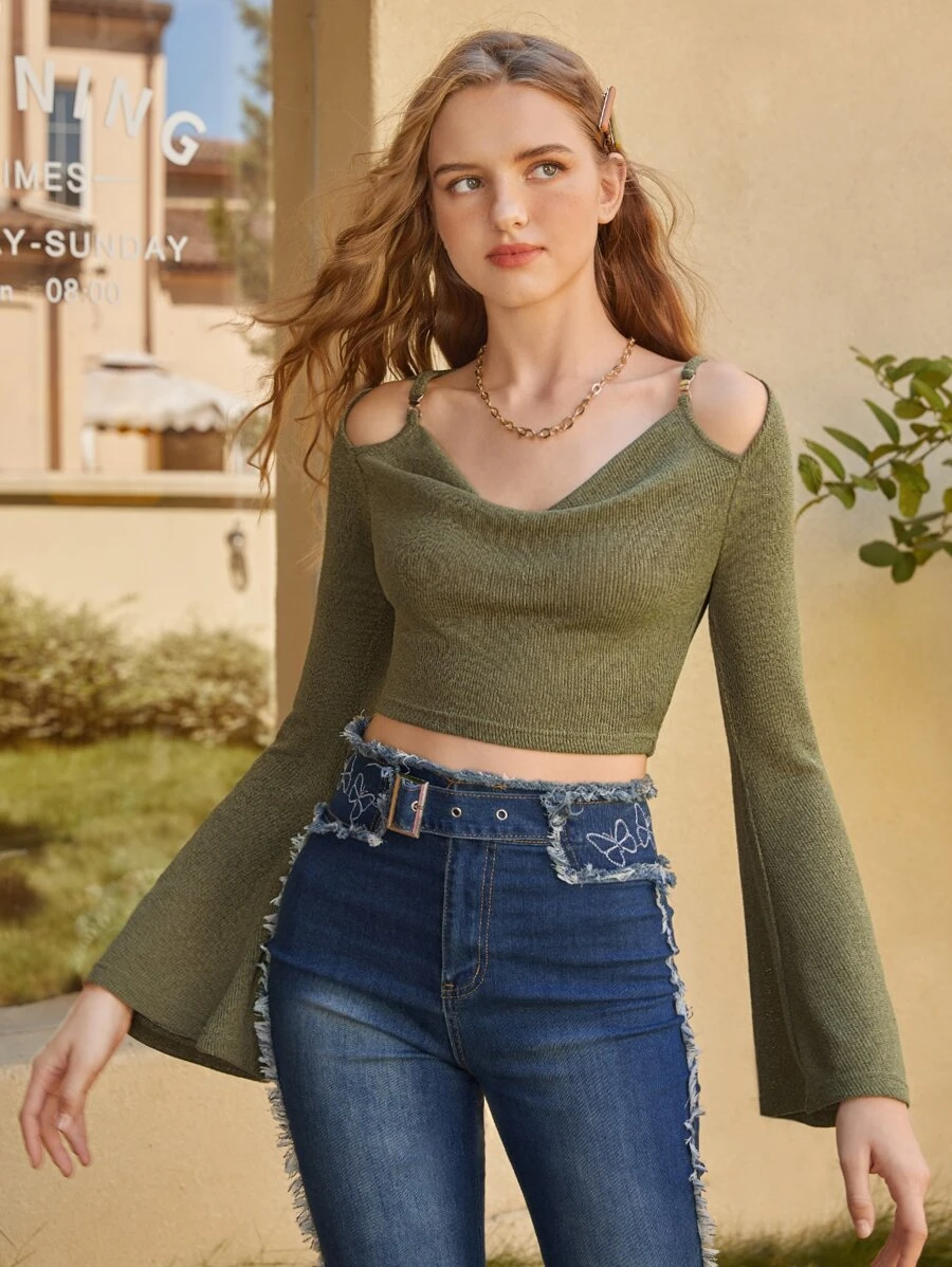 SHEIN MOD Draped Cold Shoulder Crop Tee - Army Green - View 1