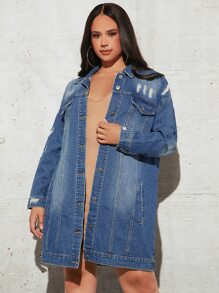 Plus Ripped Flap Pocket Denim Jacket - Medium Wash - View 6