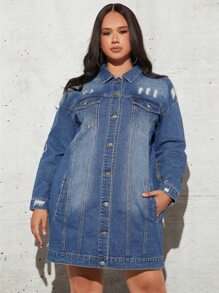 Plus Ripped Flap Pocket Denim Jacket - Medium Wash - View 7