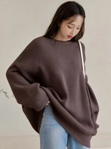 DAZY Suéter amplio unicolor de hombros caídos - Marrón Chocolate - Ver 1