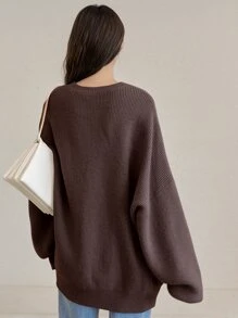 DAZY Suéter amplio unicolor de hombros caídos - Marrón Chocolate - Ver 3