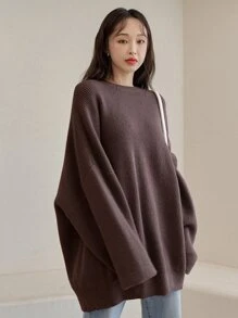 DAZY Suéter amplio unicolor de hombros caídos - Marrón Chocolate - Ver 4