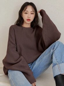 DAZY Suéter amplio unicolor de hombros caídos - Marrón Chocolate - Ver 5