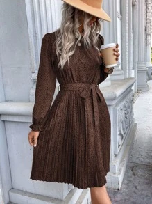 SHEIN LUNE 斑點印花荷葉袖百褶下擺繫腰帶連衣裙 - 咖啡棕 - 查看 1