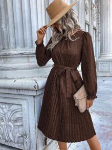 SHEIN LUNE 斑點印花荷葉袖百褶下擺繫腰帶連衣裙 - 咖啡棕 - 查看 5