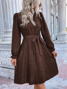 SHEIN LUNE 斑點印花荷葉袖百褶下擺繫腰帶連衣裙 - 咖啡棕 - 查看 6