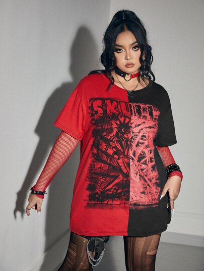 Grunge Punk Drop Shoulder T-Shirt mit Skelett & Buchstaben Grafik, Farbblock