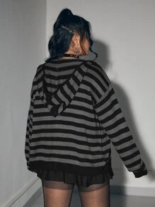 ROMWE Grunge Punk Plus Striped Pattern Drop Shoulder Cardigan, School - Black - View 2