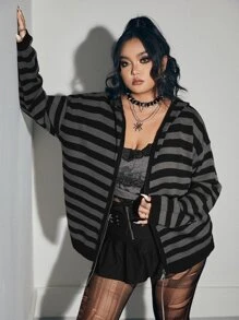 ROMWE Grunge Punk Plus Striped Pattern Drop Shoulder Cardigan, School - Black - View 6