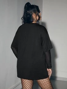 ROMWE Grunge Punk Plus Letter & Figure Graphic Drop Shoulder Tee - Black - View 2