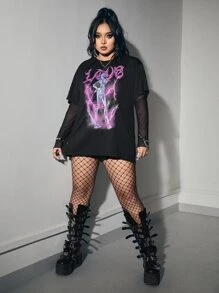 ROMWE Grunge Punk Plus Letter & Figure Graphic Drop Shoulder Tee - Black - View 4