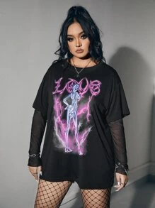 ROMWE Grunge Punk Plus Letter & Figure Graphic Drop Shoulder Tee - Black - View 5