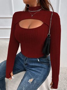 Calvaya Plus Cut Out Mock Neck Tee - Burgundy - View 4