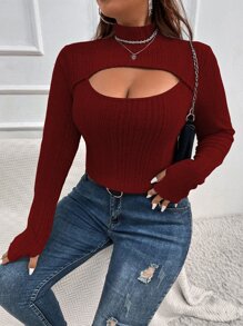 Calvaya Plus Cut Out Mock Neck Tee - Burgundy - View 6