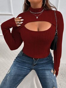 Calvaya Plus Cut Out Mock Neck Tee - Burgundy - View 7