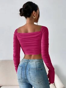 SHEIN Privé Áo nữ Xù Chia màu trơn Thanh lịch - Màu Hồng Tươi - Xem 2