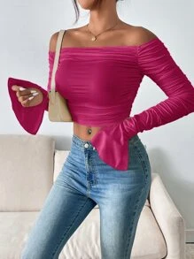 SHEIN Privé Áo nữ Xù Chia màu trơn Thanh lịch - Màu Hồng Tươi - Xem 3