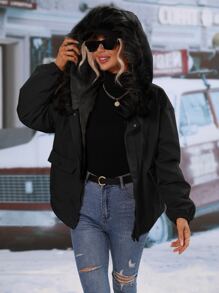 SHEIN LUNE Flap Pocket Thermal Lined Fuzzy Trim Hooded Padded Padded Coat,Ladies Winter Clothes Casual Button,Contrast Fluffy,Zipper Drop Shoulder Hooded Regular Fit Black Plain Women Winter Clothes Coats,Winter Clothes Warmth/ Winter Clothes Fashion