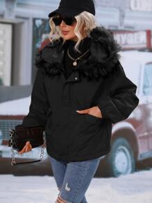 SHEIN LUNE Flap Pocket Thermal Lined Fuzzy Trim Hooded Padded Padded Coat,Ladies Winter Clothes Casual Button,Contrast Fluffy,Zipper Drop Shoulder Hooded Regular Fit Black Plain Women Winter Clothes Coats,Winter Clothes Warmth/ Winter Clothes Fashion