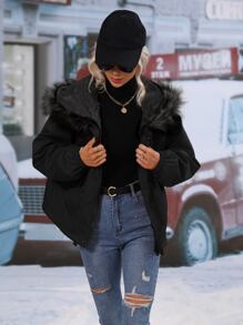 SHEIN LUNE Flap Pocket Thermal Lined Fuzzy Trim Hooded Padded Padded Coat,Ladies Winter Clothes Casual Button,Contrast Fluffy,Zipper Drop Shoulder Hooded Regular Fit Black Plain Women Winter Clothes Coats,Winter Clothes Warmth/ Winter Clothes Fashion