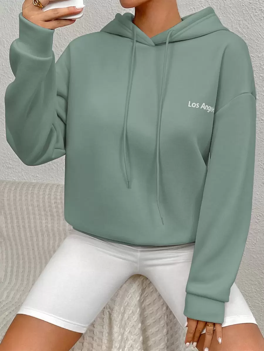 SHEIN Unity Letter Graphic Drop Shoulder Thermal Lined Drawstring Hoodie - Mint Green - View 1