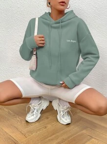 SHEIN Unity Letter Graphic Drop Shoulder Thermal Lined Drawstring Hoodie - Mint Green - View 5