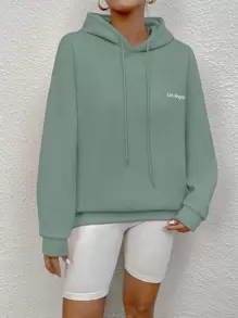SHEIN Unity Letter Graphic Drop Shoulder Thermal Lined Drawstring Hoodie - Mint Green - View 7