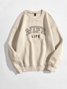 SHEIN Unity Letter Graphic Thermal Lined Sweatshirt - Khaki - View 1