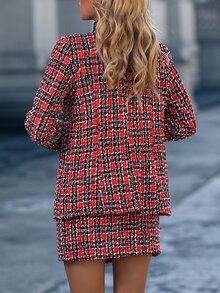 Plaid Tweed Jacket & Skirt - Red - View 2