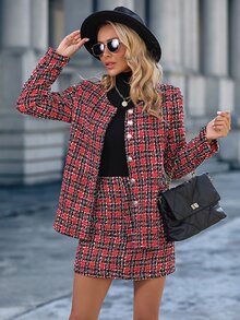 Plaid Tweed Jacket & Skirt - Red - View 5