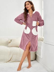 Bata homewear de dos tonos con capucha de hombros caídos cremallera de franela - Púrpura malva - Ver 1