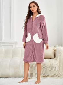 Bata homewear de dos tonos con capucha de hombros caídos cremallera de franela - Púrpura malva - Ver 5