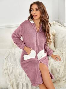 Bata homewear de dos tonos con capucha de hombros caídos cremallera de franela - Púrpura malva - Ver 6