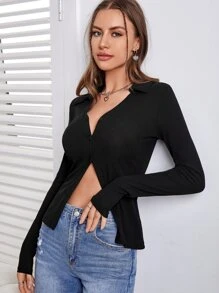 SHEIN スプリットヘム ボタンフロント Tシャツ - ブラック - チェックする 3