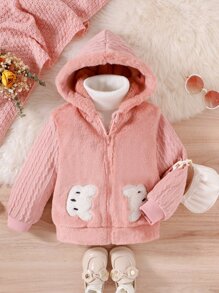 幼儿小女孩卡通刺绣连帽泰迪熊衬里棉服外套