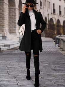 SHEIN Clasi Single Breasted Lapel Neck Overcoat Fall Winter Cloth For Women - Black - View 5
